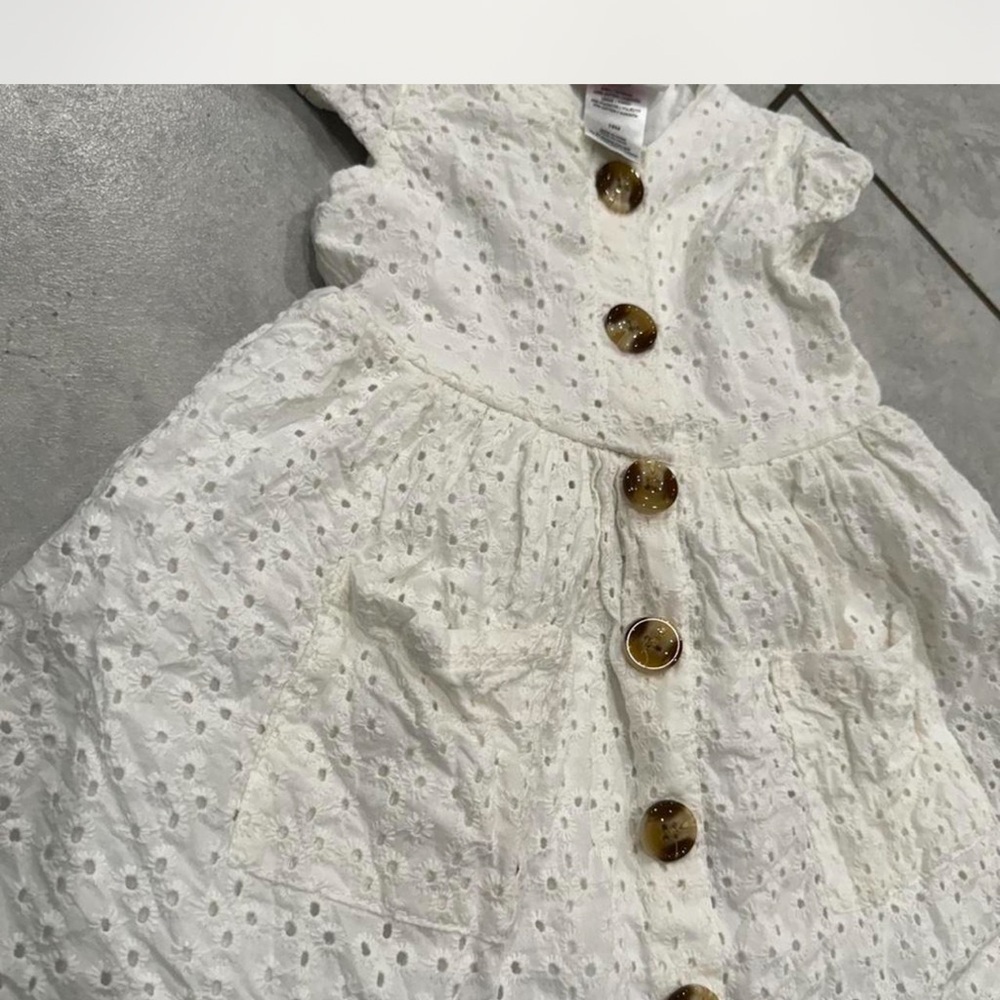 Little Lass White Eyelet Dress with Brown Buttons